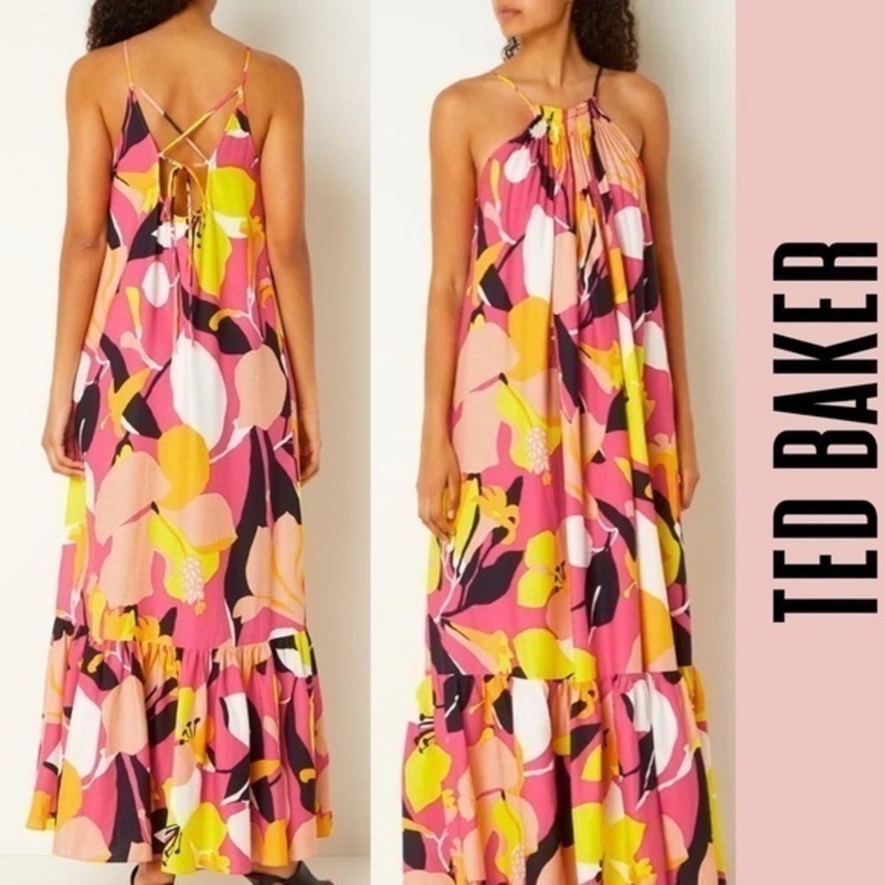 Ted Baker maxi dress linen halter a-line floral tropical tiered 4